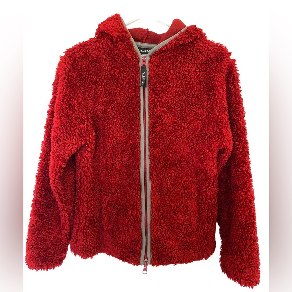 Athleta red teddy fleece jacket with hood. Size small made in USA!!